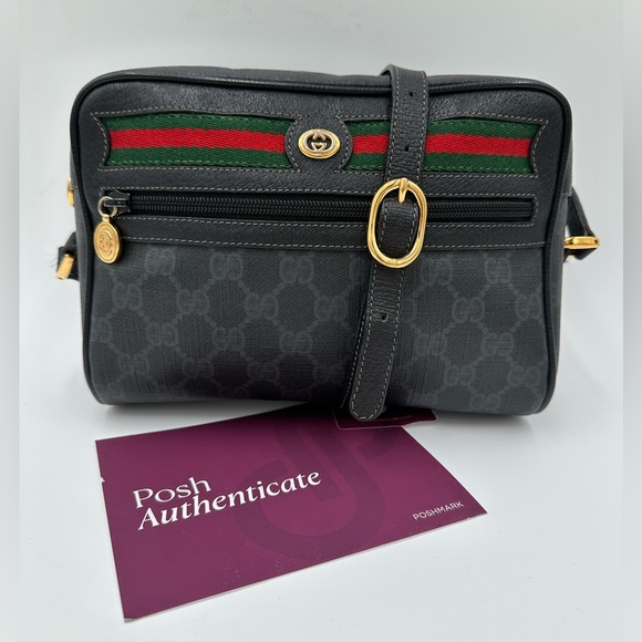 Vintage Gucci GG Monogram Black Crossbody Bag with Web Stripe & Gold Hardware - Picture 2 of 16